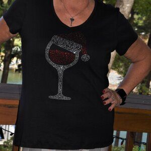 Christmas Wine Glass rhinestone bling VN SS shirt XS S M L XL XXL 1X 2X 3X 4X 5X
